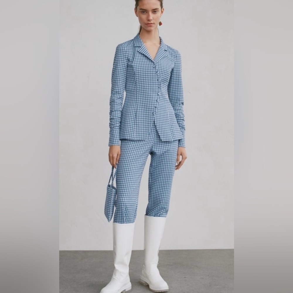 BNWT Zara Woman blue and white gingham shirt blazer TRF size XS